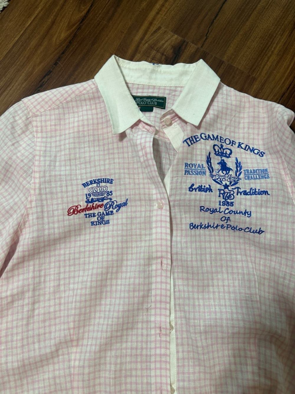 Berkshire Pink and White Checked Polo Shirt with Blue Embroidery